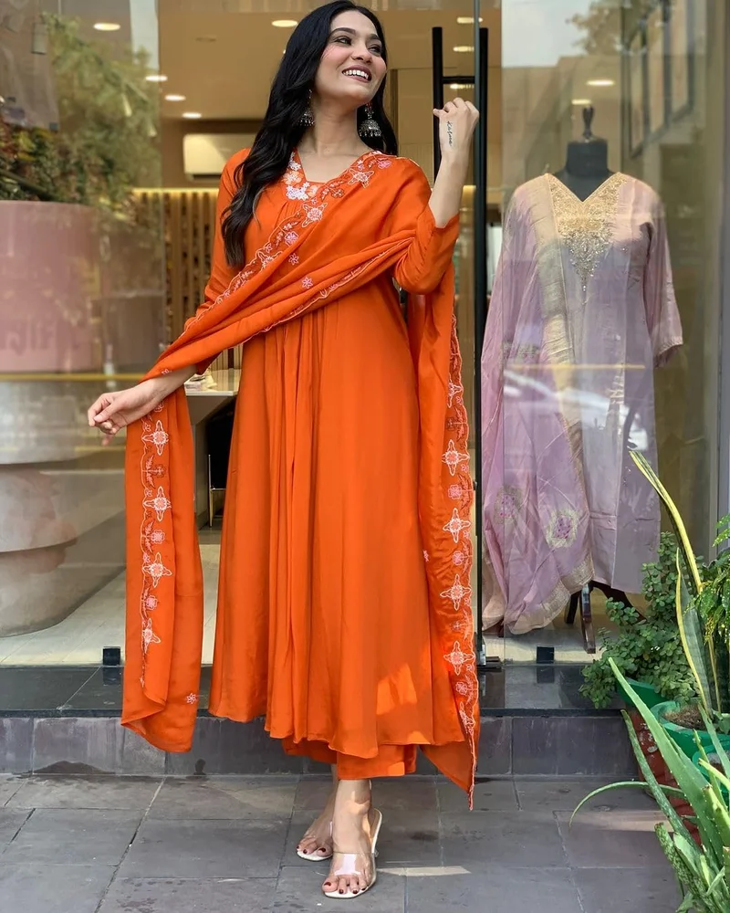 GoSriKi  GoSriKi Women's Rayon Blend Anarkali Thread Work Kurta with Pant & Dupatta (ASHVTHAMA Orange-GS_3XL_Orange_XXX-Large) for Women | Best Price UAE